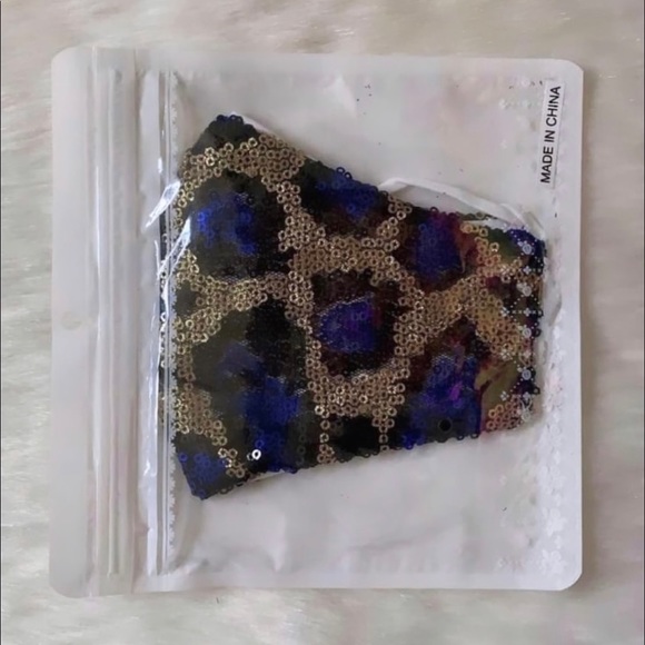 Blue & Silver Leopard Print Sequin Statement Sparkle Bling Festival Face Mask - Picture 3 of 3